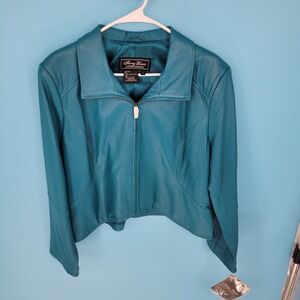 NWT Terry Lewis Leather Jacket Women Large Teal Blue Zip Up Cropped Moto Biker